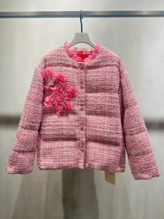 琳烺红标了然2025秋冬新粉色圆领花朵手工羊毛羽绒服宽松短款外套