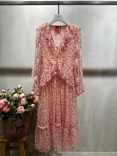 气质显瘦连衣裙 琳烺红标2026春夏荷叶边v领桑蚕丝宽松长袖