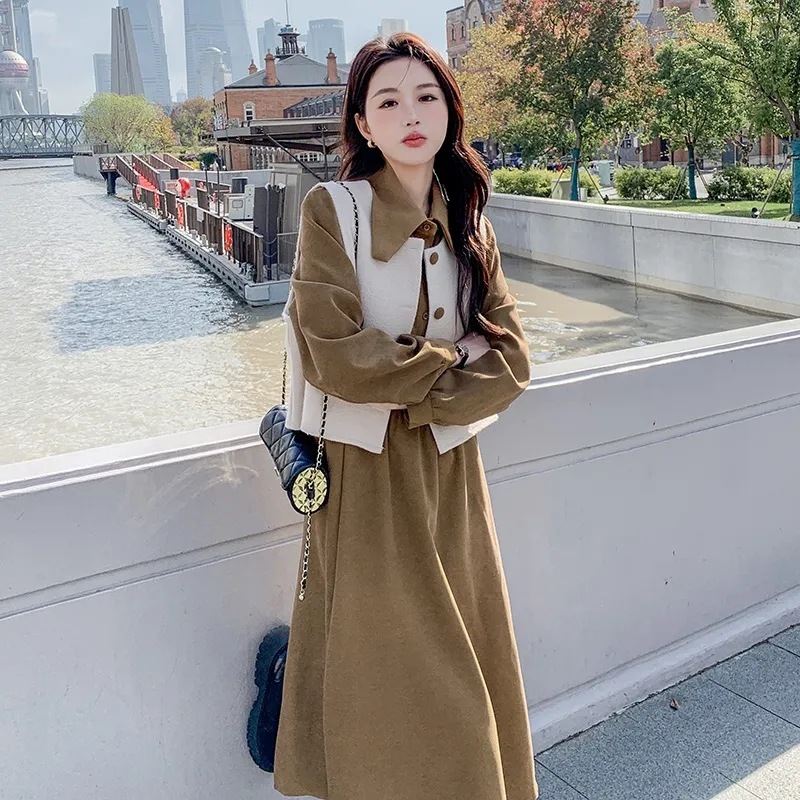 长袖衬衫连衣裙女套装2024秋冬新款设计感马甲洋气时髦长裙两件套