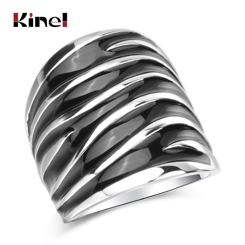 Kinel Unique Punk Rock Black Enamel Big Ring Fashion Wave P