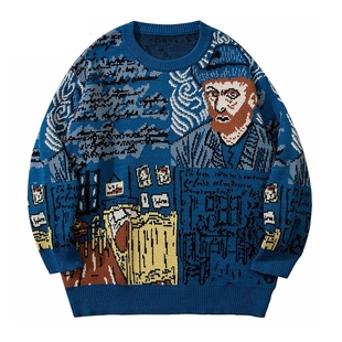 High Street Knitted Sweater Men Van Gogh Graffiti Print Swea