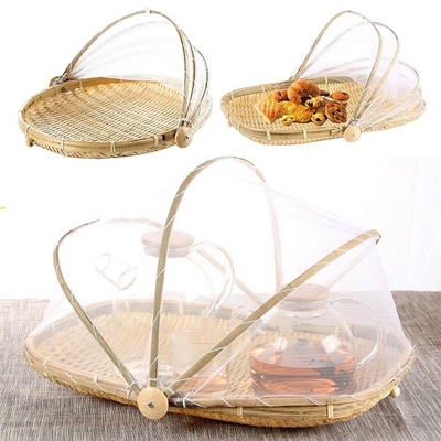Bamboo Tent Basket Hand Woven Tray Anti Bug Food Fruit Conta