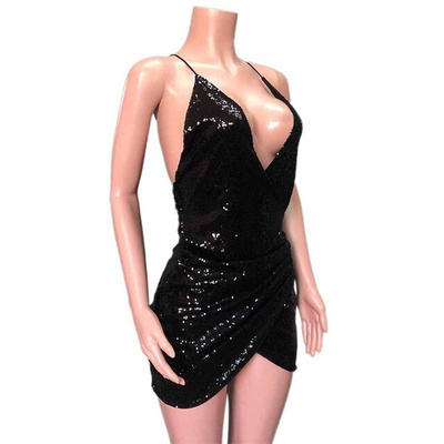 Sexy Women Sequins Glitter Sparkle Deep V Neck Halter Backle