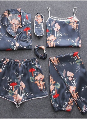 7 Pieces Womens Silk Satin Pajamas Sets Pyjamas Set Sleepwe