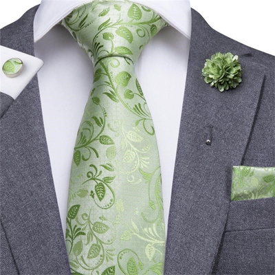 Hi-Tie Men Silk Tie Grass Green Ties Floral Necktie Boutonni