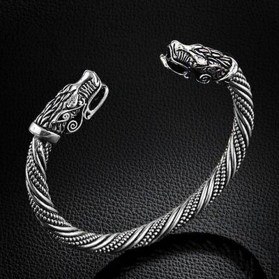 Vintage Dragon Mouth Open Cuff Bracelet Nordic Viking Antiq