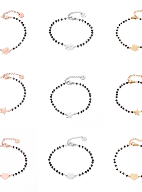 Stainless Steel Black Crystal Beads Chain Bracelet Rose Gold