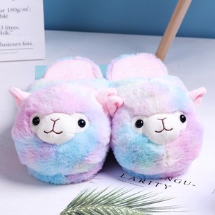 Cute Cartoon Alpaca House Women Fur Slippers Winter Warm Plu