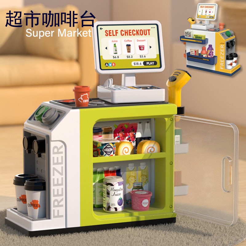 儿童超市声光售卖机仿真咖啡甜点购物扫码刷卡收银机过家家玩具