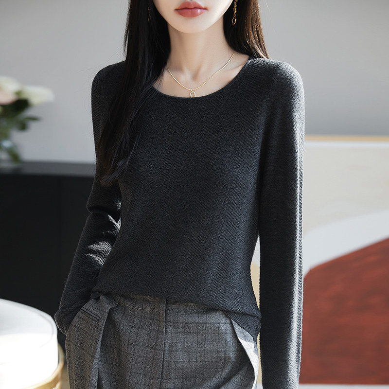 2025新款羊毛衫女士圆领加厚宽松针织毛衣羊绒衫水波纹打底衫低领