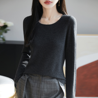 2025新款羊毛衫女士圆领加厚宽松针织毛衣羊绒衫水波纹打底衫低领