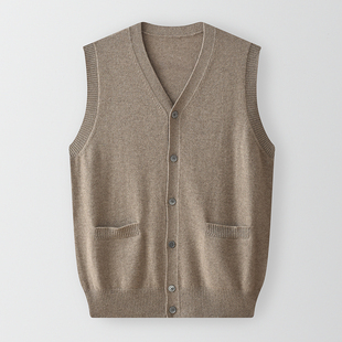 老年人100%纯山羊绒马甲男V领系扣款针织坎肩背心毛开衫兜外套