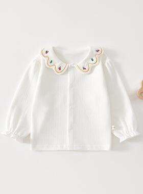 新款女宝宝白色衬衫春秋婴儿翻领长袖打底衫小童女童上衣T恤百搭
