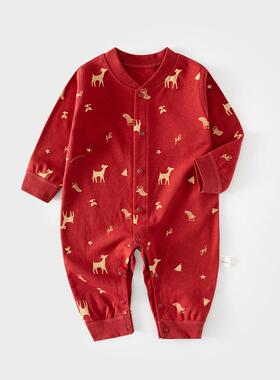 婴儿春秋款连体衣宝宝满月服新生儿纯棉拜年服红色喜庆衣服a类