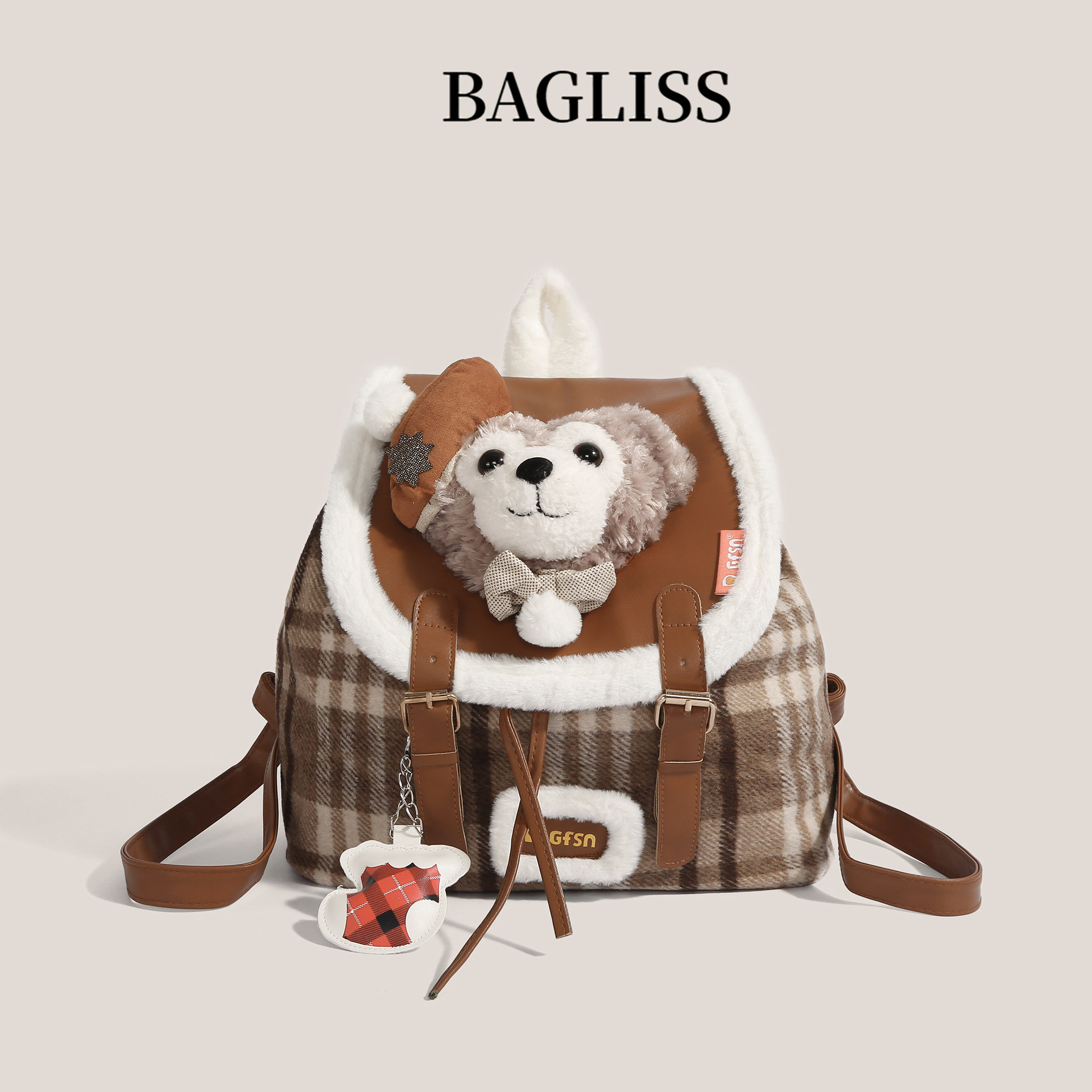 可爱卡通达菲熊毛绒双肩包女新款书包格纹拼接电脑包大容量登山包