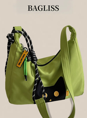 韩版新款女生休闲大容量绿色斜挎包可爱黑白猫学生时尚上课单肩包