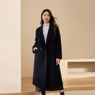 女装 高级感藏蓝色收腰双面毛呢外套纤莉秀大码 胖mm冬新款 暮光