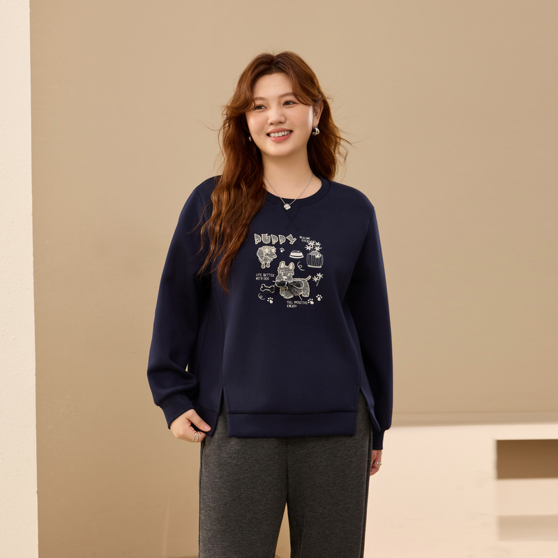 【设计感开叉卫衣】纤莉秀大码女装时髦圆领上衣胖mm2025冬装新款