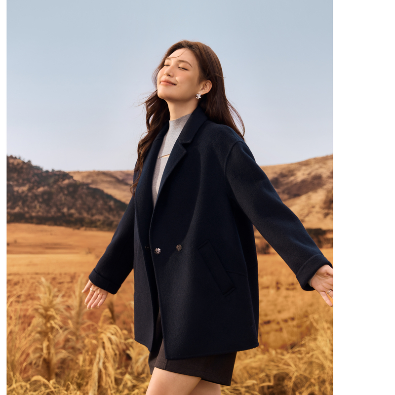 纤莉秀大码女装翻驳领绵羊毛外套