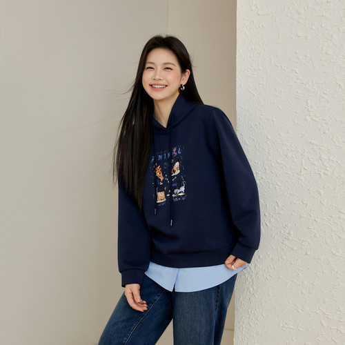 【假两件卫衣】纤莉秀大码女装衬衫拼接下摆设计感上衣胖mm春新款