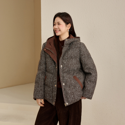 【粗花呢】加厚保暖夹棉连帽外套纤莉秀大码女装胖mm2025冬装新款