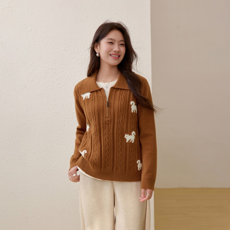 【减龄俏皮小猫百搭毛衣】纤莉秀大码女装韩系翻领上衣胖mm春新款,女装/女士精品,大码内搭,淘宝优惠券,粉丝福利购,淘宝优惠卷