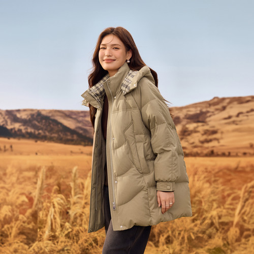 纤莉秀保暖中长款格子拼接羽绒服