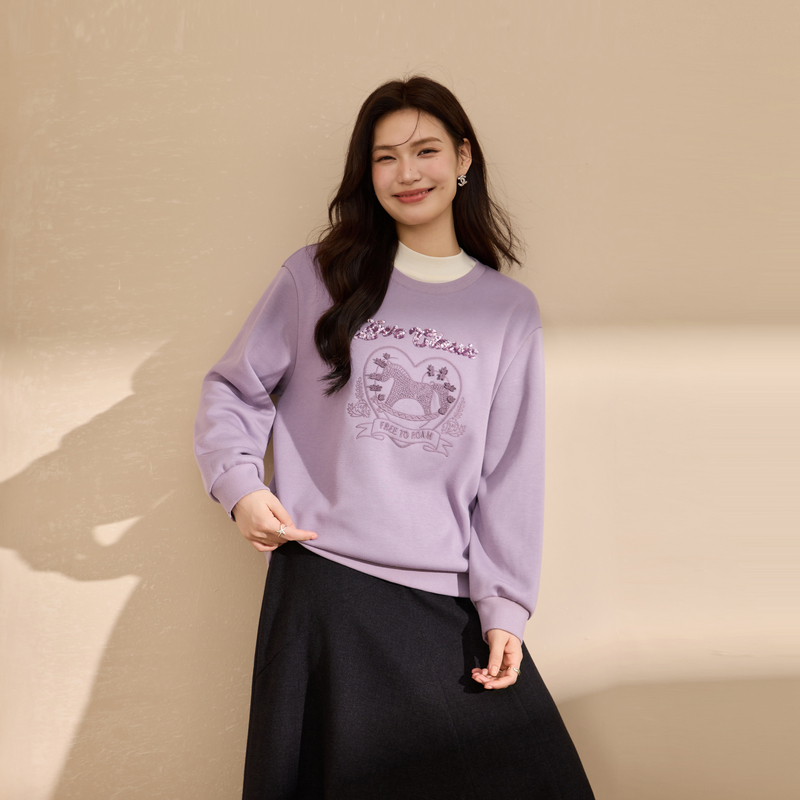 纤莉秀大码女装圆领抓毛套头卫衣