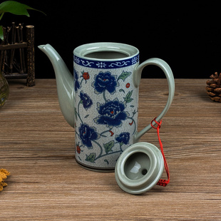 青花瓷欧式茶壶家用大号泡茶器功夫茶具侧把复古老式冷热泡茶水壶
