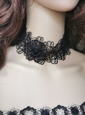 韩版蕾丝颈链锁骨链黑色超仙女精致玫瑰花脖子配饰品夸张网红颈带