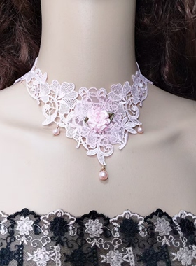 新款蕾丝钩花小众颈链项链脖带锁骨链女黑粉紫色