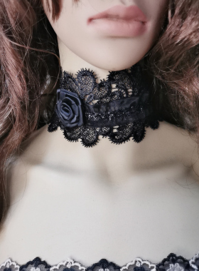 新品蕾丝钩花黑玫瑰朋克风颈纹遮盖多层脖带锁骨链饰品