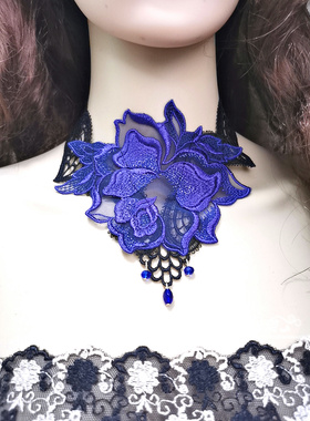 宝蓝色项链颈饰糖蕾丝锁骨链女