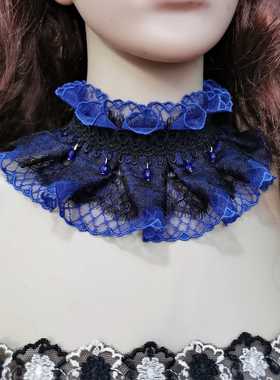 蕾丝蓝色系带围巾遮盖疤痕项链