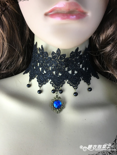 洛丽塔哥特饰品颈带脖子蕾丝短款项链珍珠宝蓝钻颈饰 黑色假领围