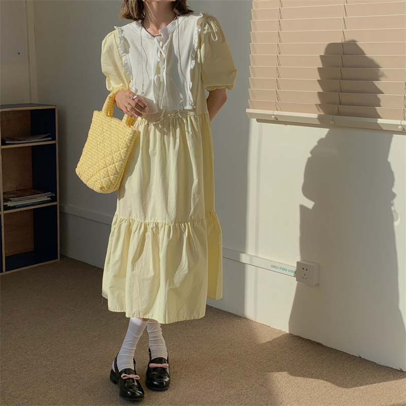 Real price ~ New Age reducing bubble sleeve loose and thin dress + Navy collar lace up shawl