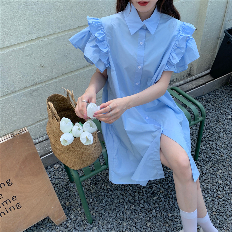 Real price ~ New Korean chic sweet design bubble sleeve solid color shirt dress