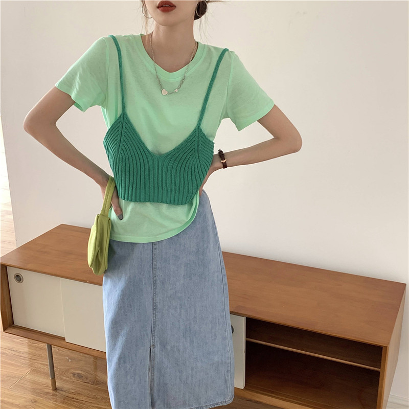 Real price ~ new simple style solid color versatile thin short sleeve T-shirt + suspender vest