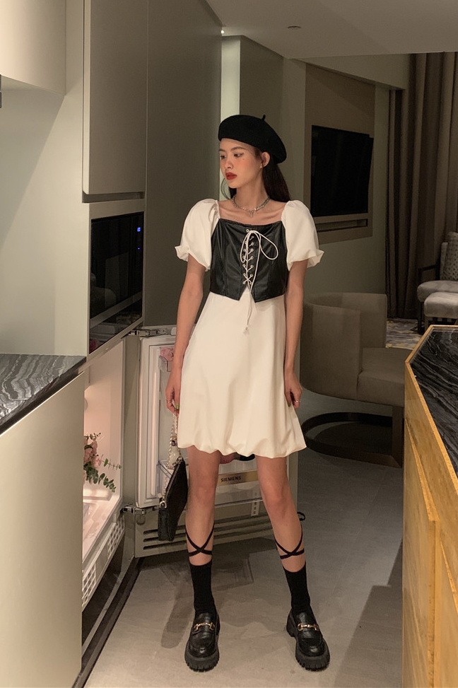 Real price ~ two new fake PU leather strap waistcoat and playful retro flower bud dress