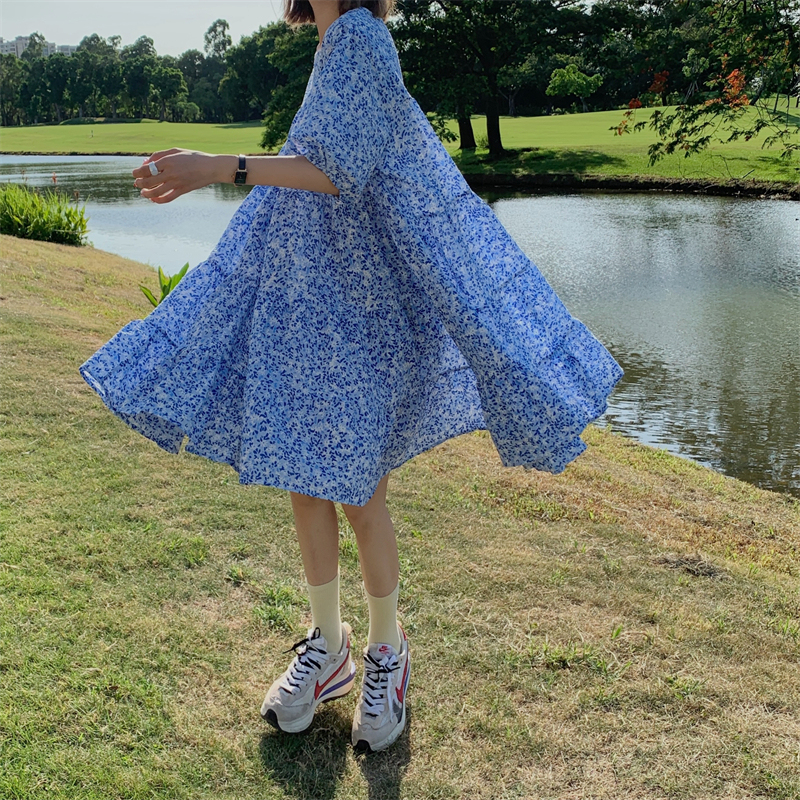 Real price new Korean summer bubble floral patchwork dress