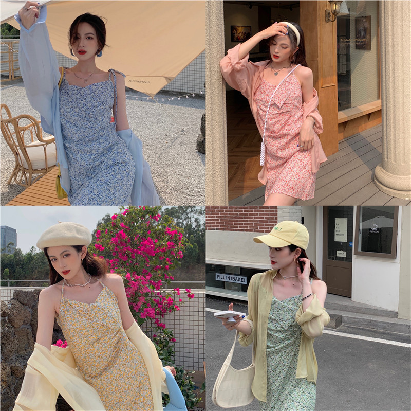 Real price ~ New Korean floral suspender dress + solid chiffon shirt