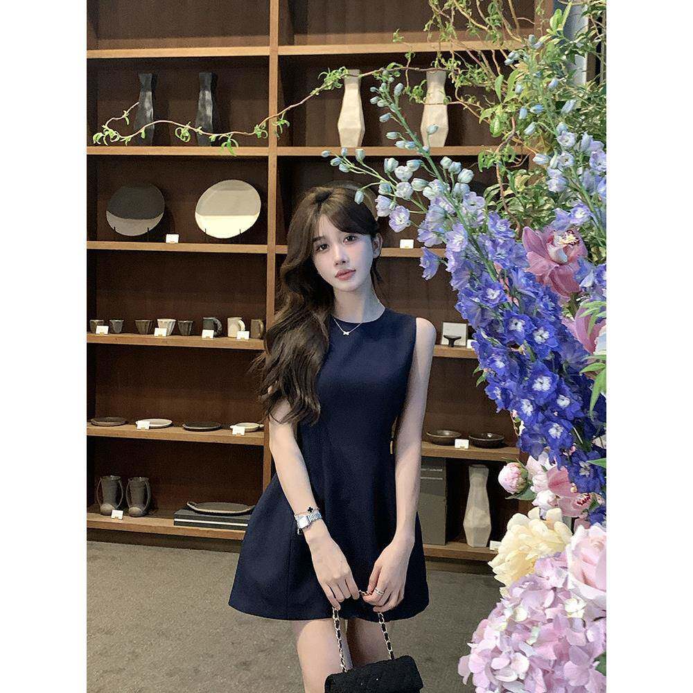 愉悦愉悦圆领白色无袖连衣裙女夏季法式气质收腰修身短款背心裙子