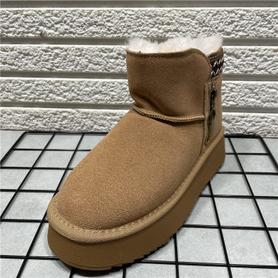 侧拉链真皮羊毛口厚底雪地靴女