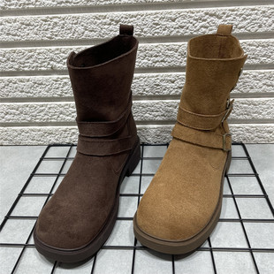 断码 处理绒面英伦风粗跟马丁靴女两穿牛仔西部靴中筒显瘦骑士单靴