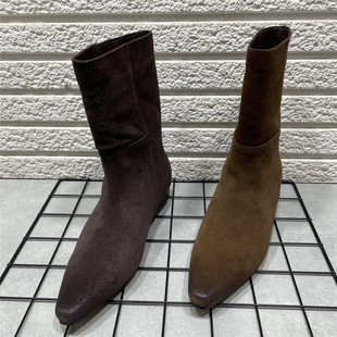 断码 加绒真皮复古尖头粗跟高级感中筒靴简约气质骑士靴女 处理冬季