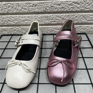 女方头浅口一字双带扣单鞋 蝴蝶结平底芭蕾风玛丽珍鞋 处理女鞋 断码