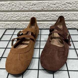 女双扣带圆头平底玛丽珍鞋 断码 复古绒面浅口单鞋 法式 处理春季 新款