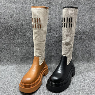断码 厚底不过膝高筒长靴增高显瘦长筒靴女 处理牛仔骑士靴女春秋款