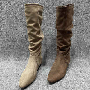 断码 处理复古圆头低跟长筒靴女不过膝褶皱堆堆靴高筒骑士靴西部靴