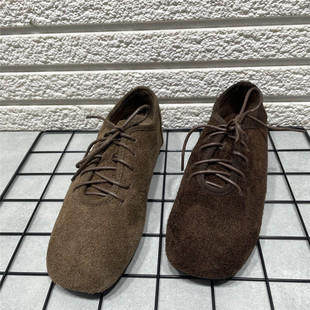 断码处理冬季加绒法式复古方头平底单鞋女系带真皮深口软皮乐福鞋